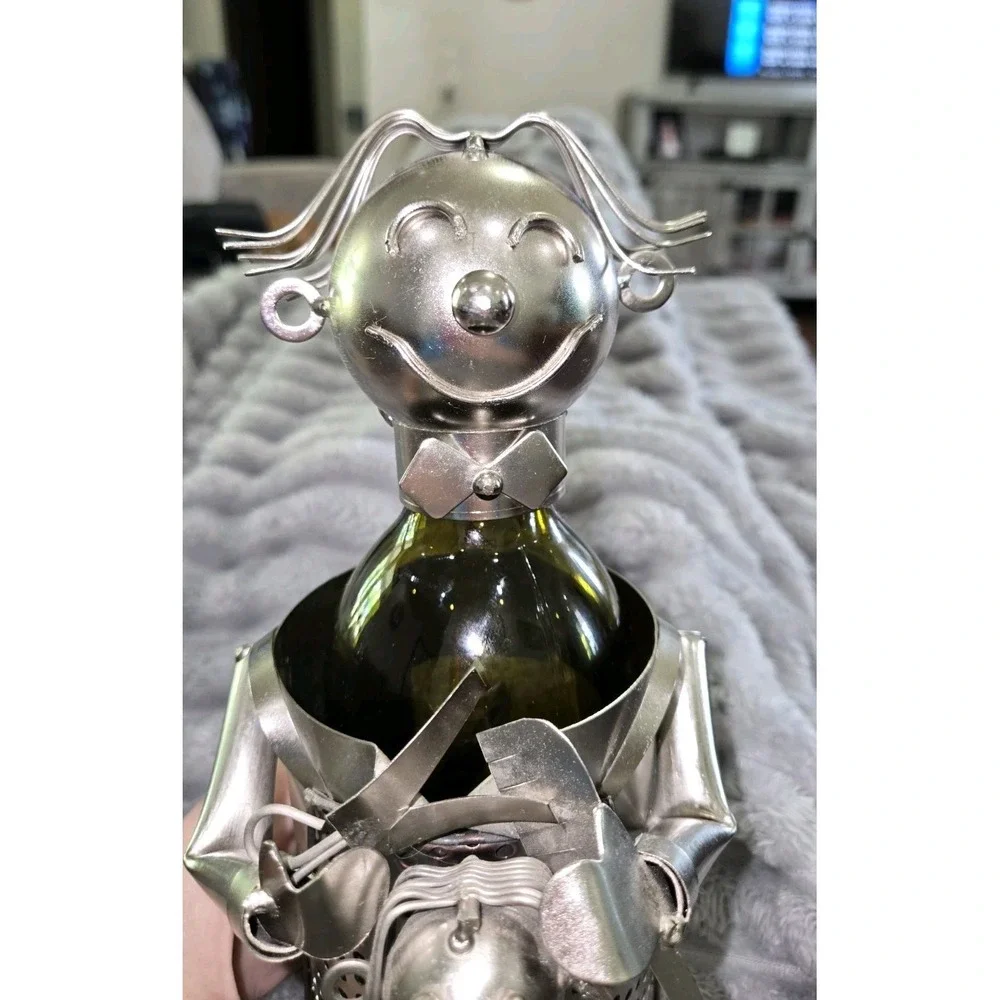 Metal Wine Bottle Holder Whimsical Figure Reading to Child Industrial Art Silver